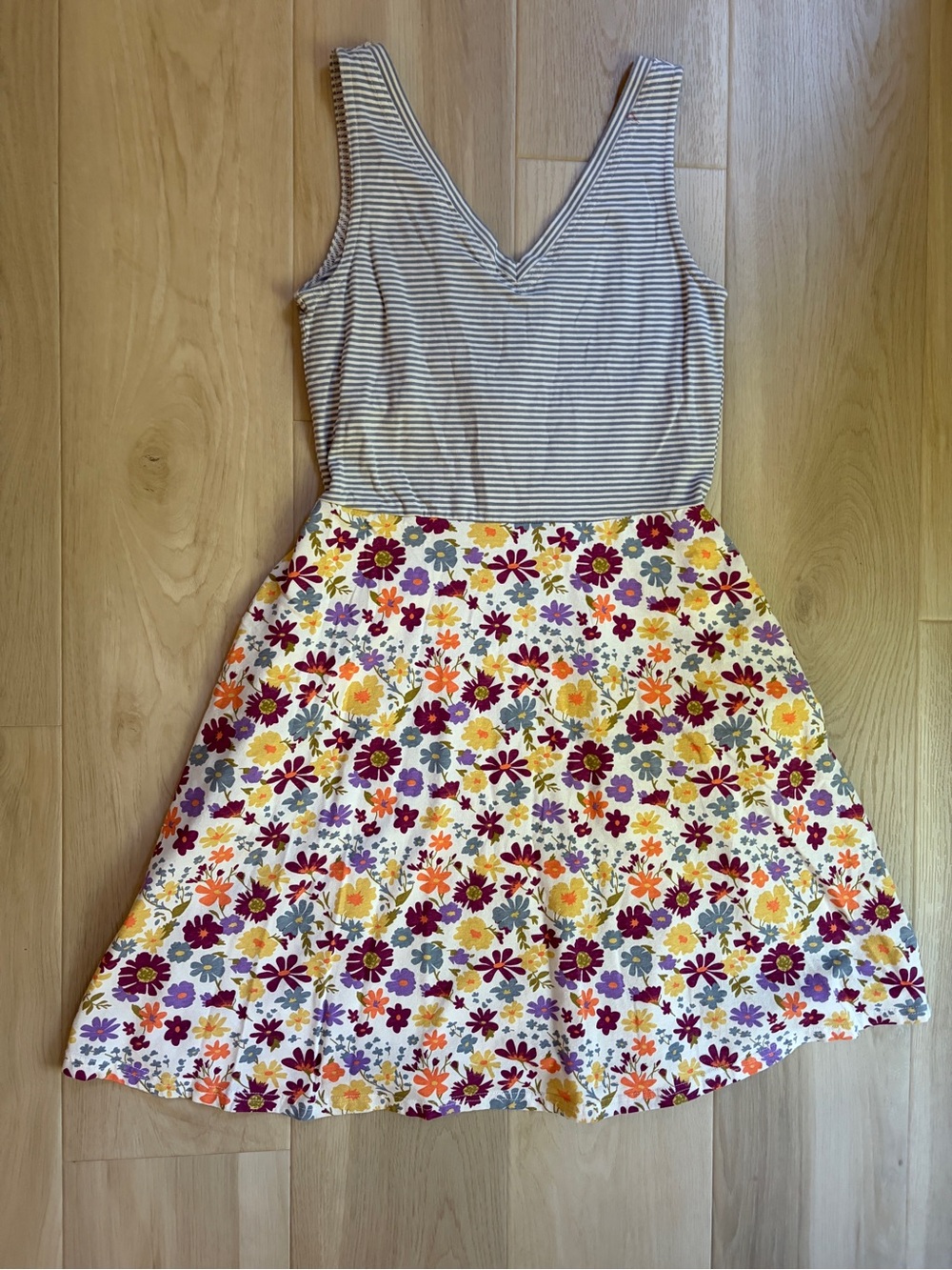 Girls Floral A-Line Dress with Striped Bodice